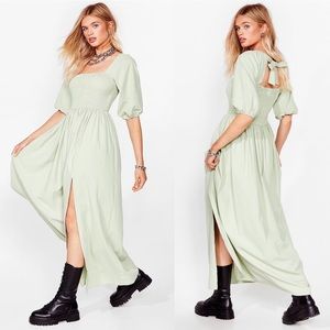 NWT | Nasty Gal Square Neck Puff Sleeve Maxi Dress Slit Shirred Bust Mint Green